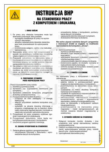 Znak "Instrukcja BHP na stanowisku pracy z komputerem i drukarką" Signproject