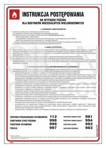 Znak "Instrukcja postępowania w przypadku powstania pożaru dla budynków mieszkalnych wielorodzinnych" Signproject