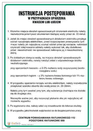 Znak "Instrukcja postępownia w przypadku oparzenia kwasem lub ługiem"  Signproject 