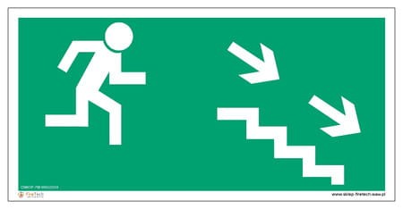 Znak "Kierunek do wyjścia drogi ewakuacyjnej schodami w dół w prawo"
