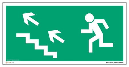 Znak "Kierunek do wyjścia drogi ewakuacyjnej schodami w górę w lewo" Signproject