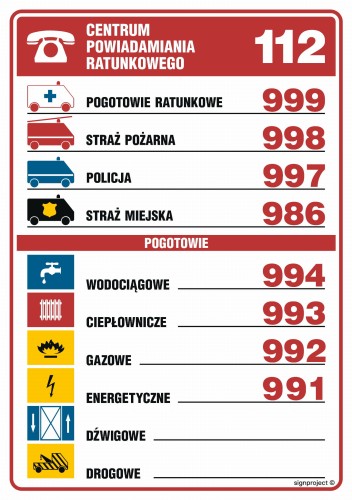 Znak "Tabliczka telefonów alarmowych"  Signproject
