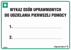 Znak "Zmianowy wykaz osób uprawnionych do udzielania pierwszej pomocy" Signproject