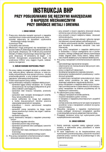 Znak " Instrukcja BHP przy posługiwaniu się ręcznymi narzędziami o napędzie mechanicznym" Signproject