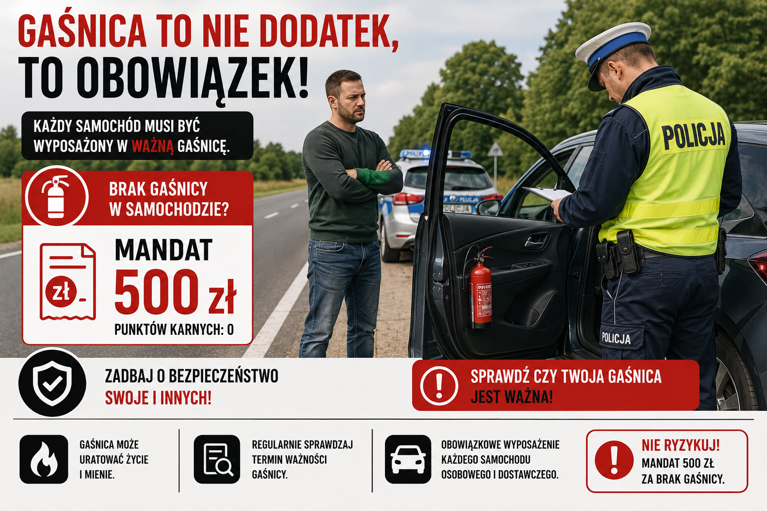 Gaśnica samochodowa - czy jest obowiązkowa, jaką wybrać, jaki mandat za jej brak?
